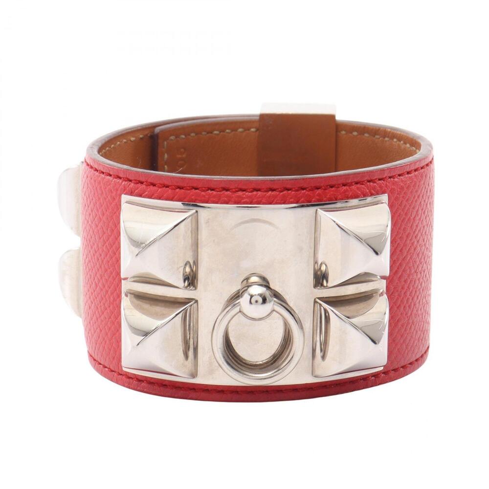 Hermes Collier de Chien Bangle, Veau Epsom Leather, Metal, Women's, Red/Silve...